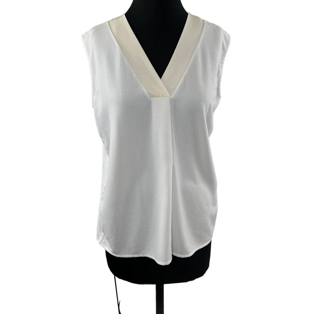 HUGO BOSS White V-Neck Cap Sleeve Mixed Media Crepe Blouse Sleeveless Top L